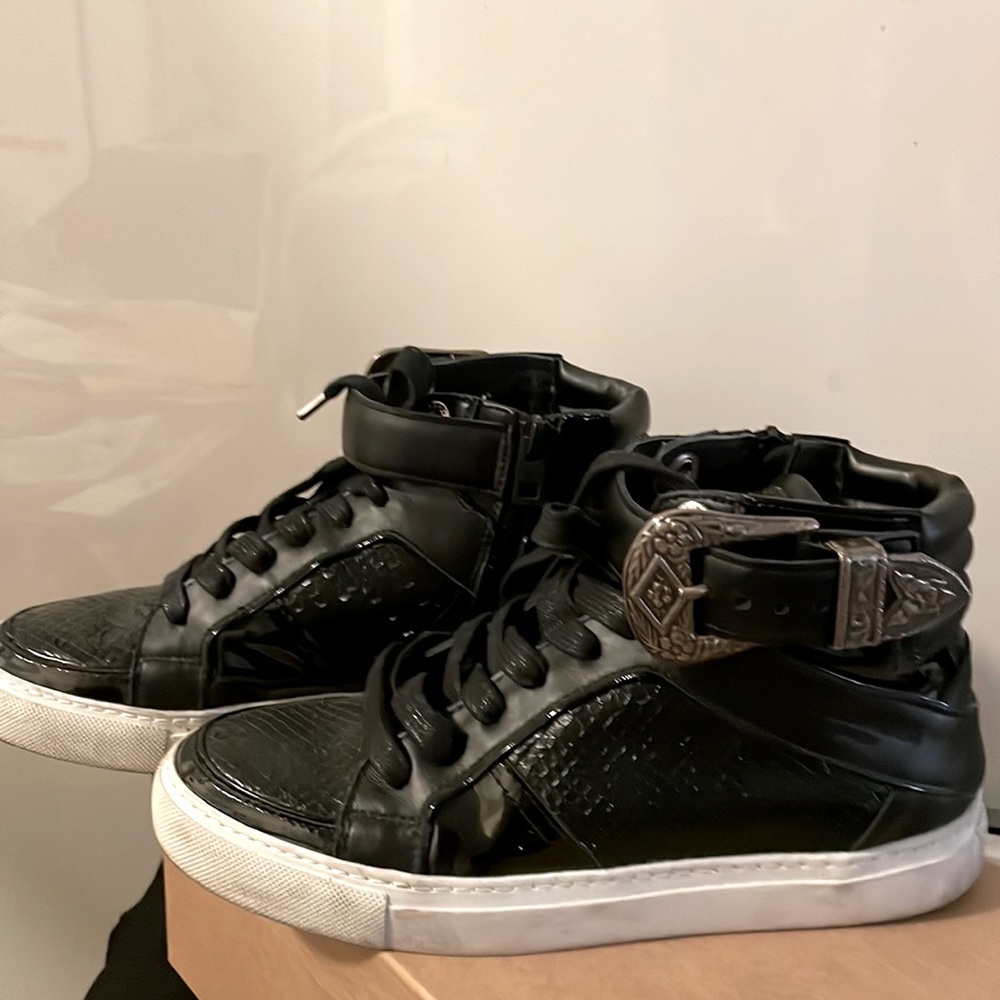 Black snake Zadig and Voltaire high top sneaker with belt buckle w/ side zip